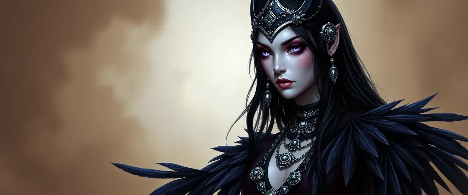 Tall, lithe Shadar-Kai woman with pale skin, violet eyes, and long black hair adorned with silver trinkets, wearing a dark purple robe with raven feathers.