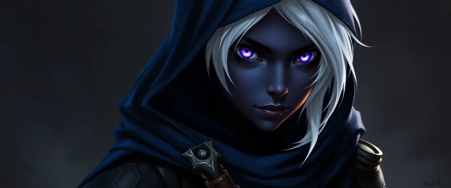 Young Drow rogue with ebony skin, white hair, and violet eyes, wearing dark leather armor and a midnight blue cloak.