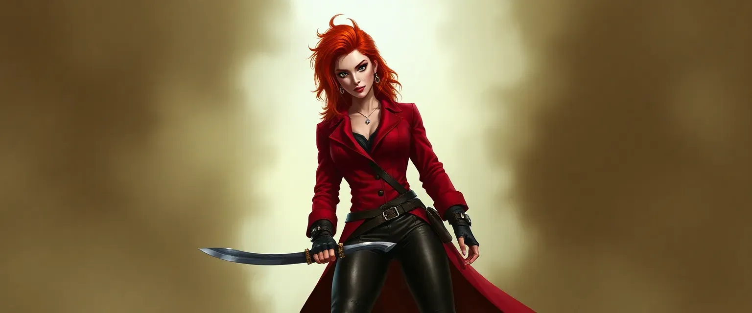 Tall, robust woman with fiery red hair and piercing green eyes, wearing a crimson coat and leather pants, armed with a cutlass.