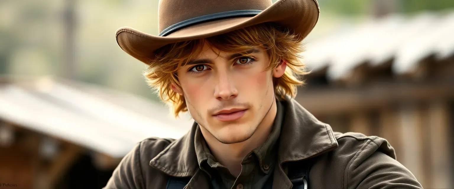 24-year-old cowboy with round soft face, deep brown eyes, messy strawberry blond curls under brown leather hat, slight stubble, toned build in brown button-up, black pants with suspenders, heavy leather coat.