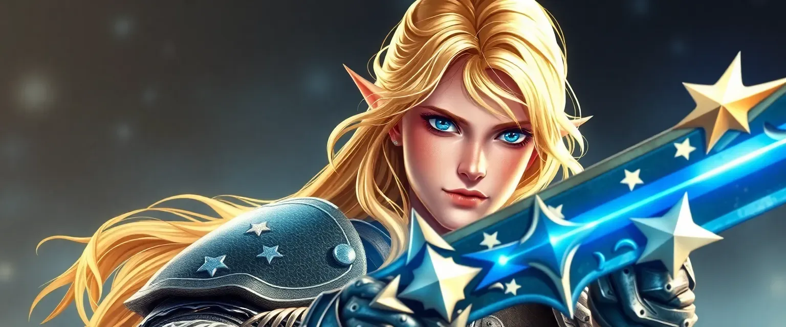 Golden-haired elven knight with piercing blue eyes, wearing star-patterned armor and wielding a star-forged sword.