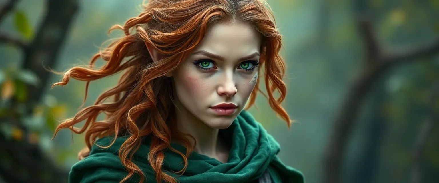 A 28-year-old elven woman with tangled auburn curls streaked silver, emerald eyes, scarred cheek, wearing vine-woven green cloak, lithe and haunted expression.