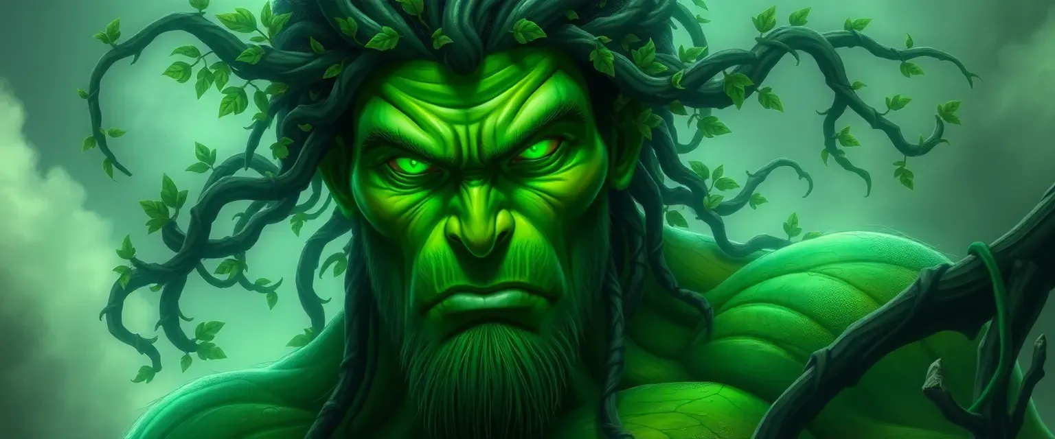 Eight-foot tall emerald-skinned giant with glowing green eyes and wild hair intertwined with leaves and vines.