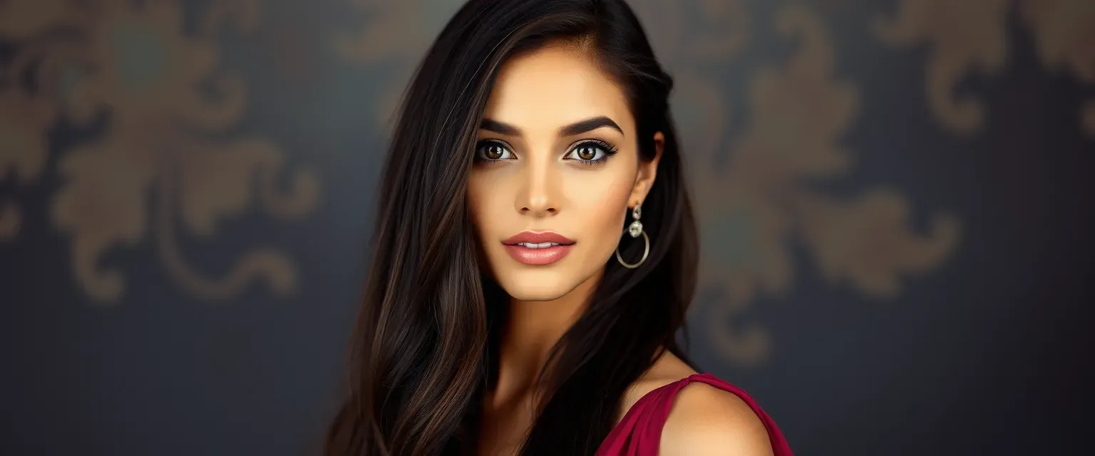 A woman of striking beauty and timeless elegance, with long dark hair, deep brown eyes, and a warm honey complexion, often seen in flowing, jewel-toned dresses.