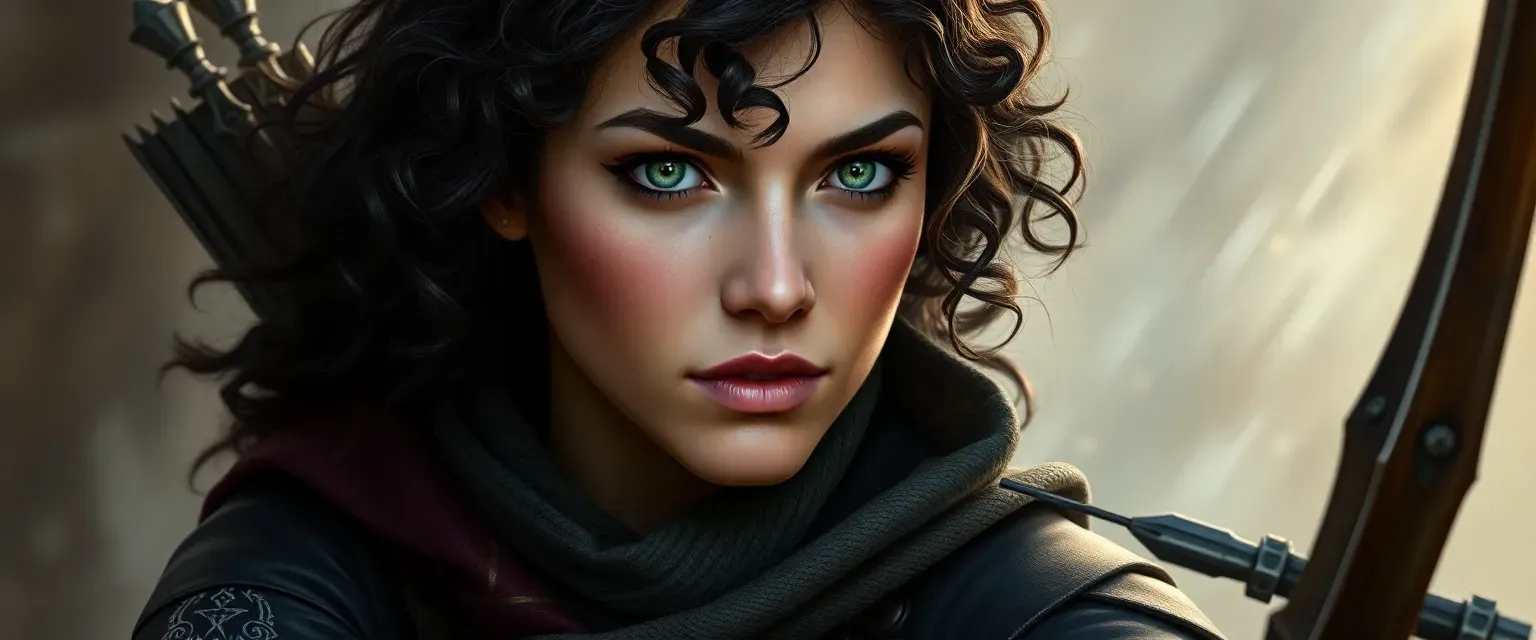 32-year-old woman with dark, curly hair and green eyes, wearing leather and cloth with arcane symbols, carrying a bow.