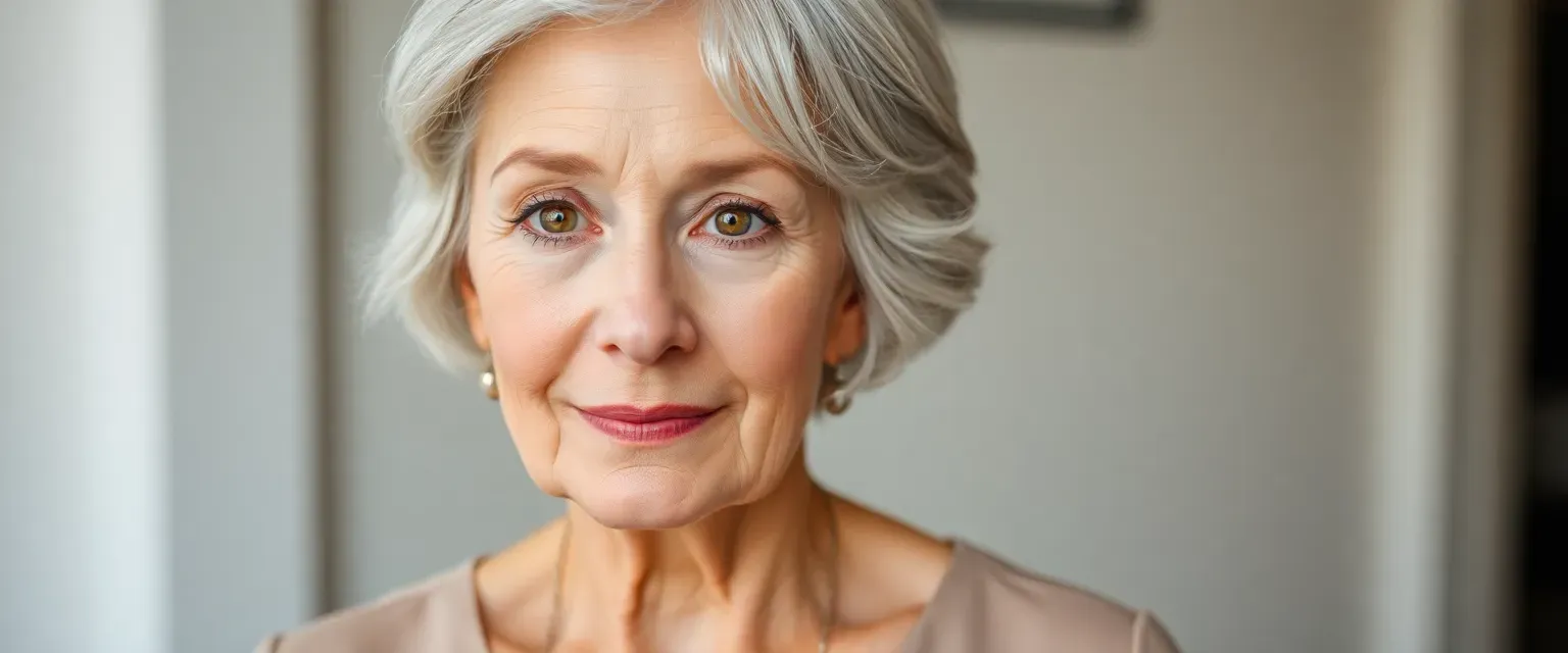 Elderly woman with silver hair, warm hazel eyes, wearing a simple elegant dress.