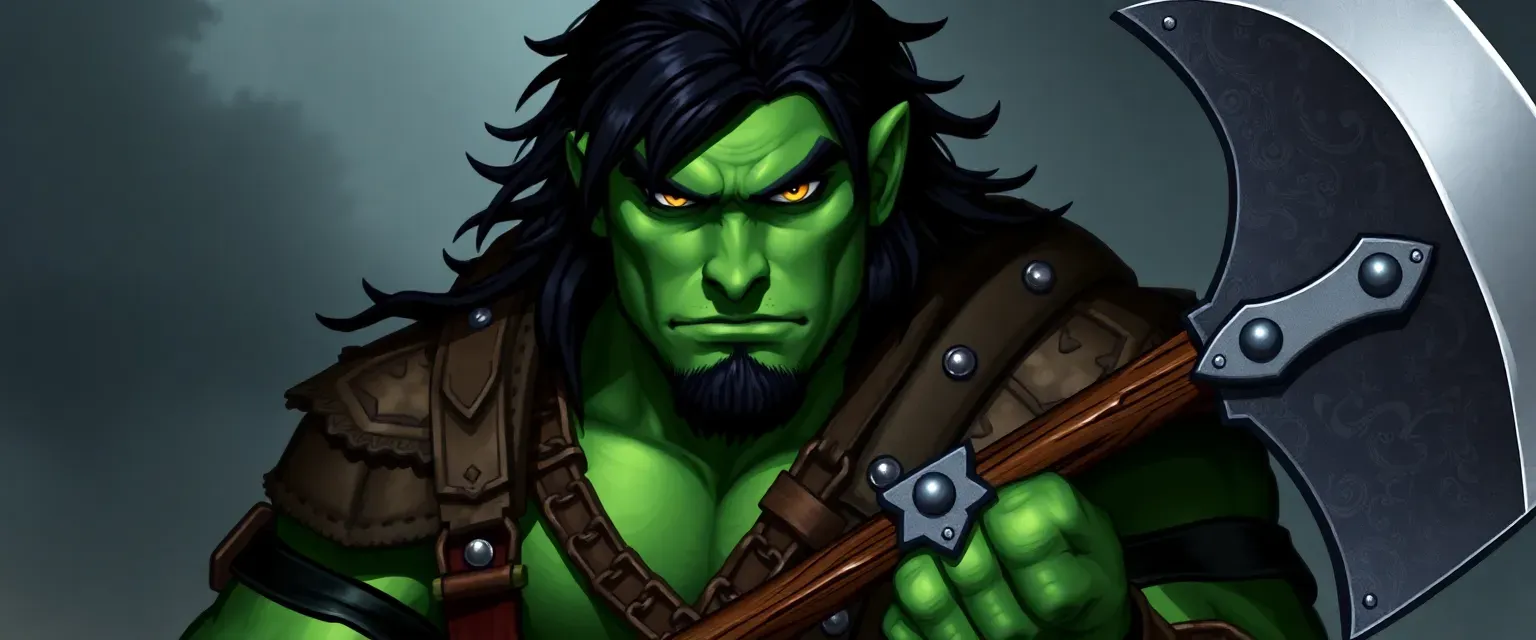 A muscular half-orc with green skin, black hair, yellow eyes, wearing leather and chainmail, holding a great axe.