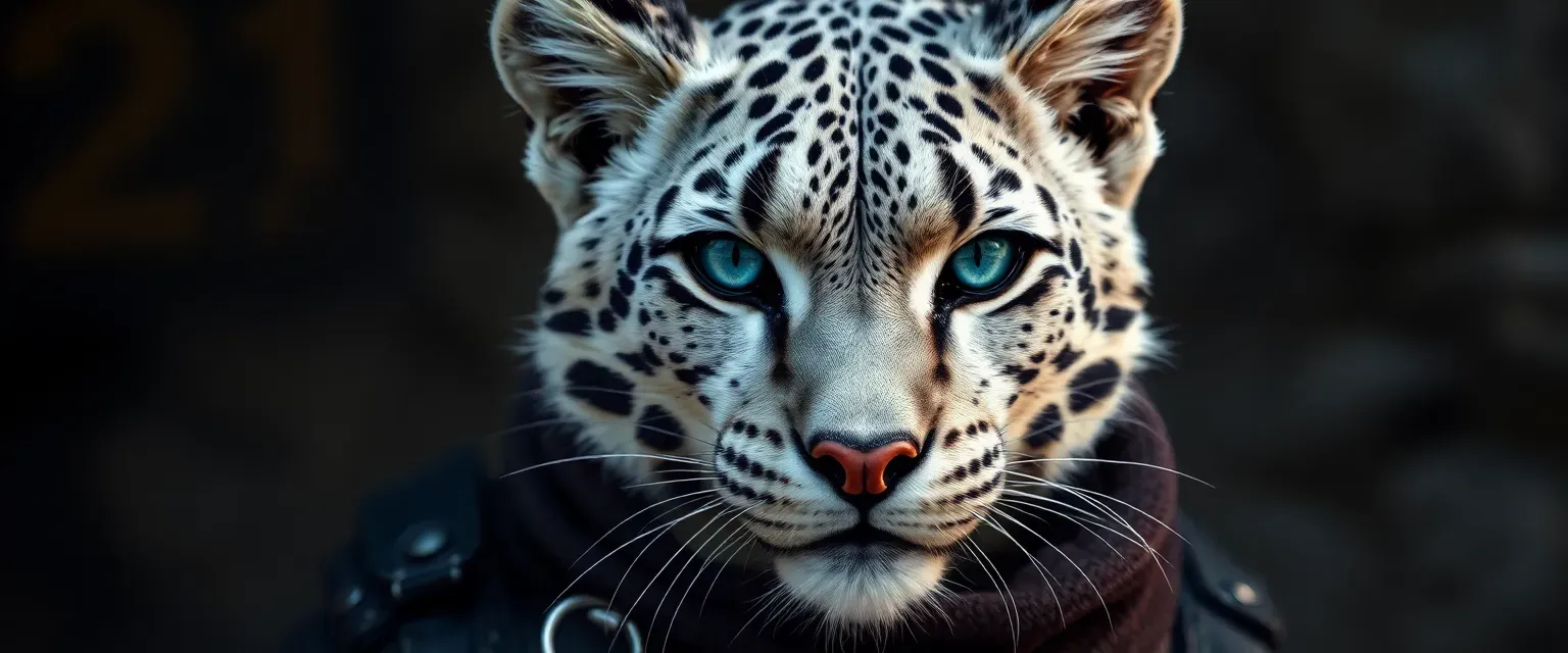 20-year-old female Snow leopard Tabaxi, silver-flecked fur, piercing blue eyes, leather and dark fabric attire, lockpicks and trinkets.
