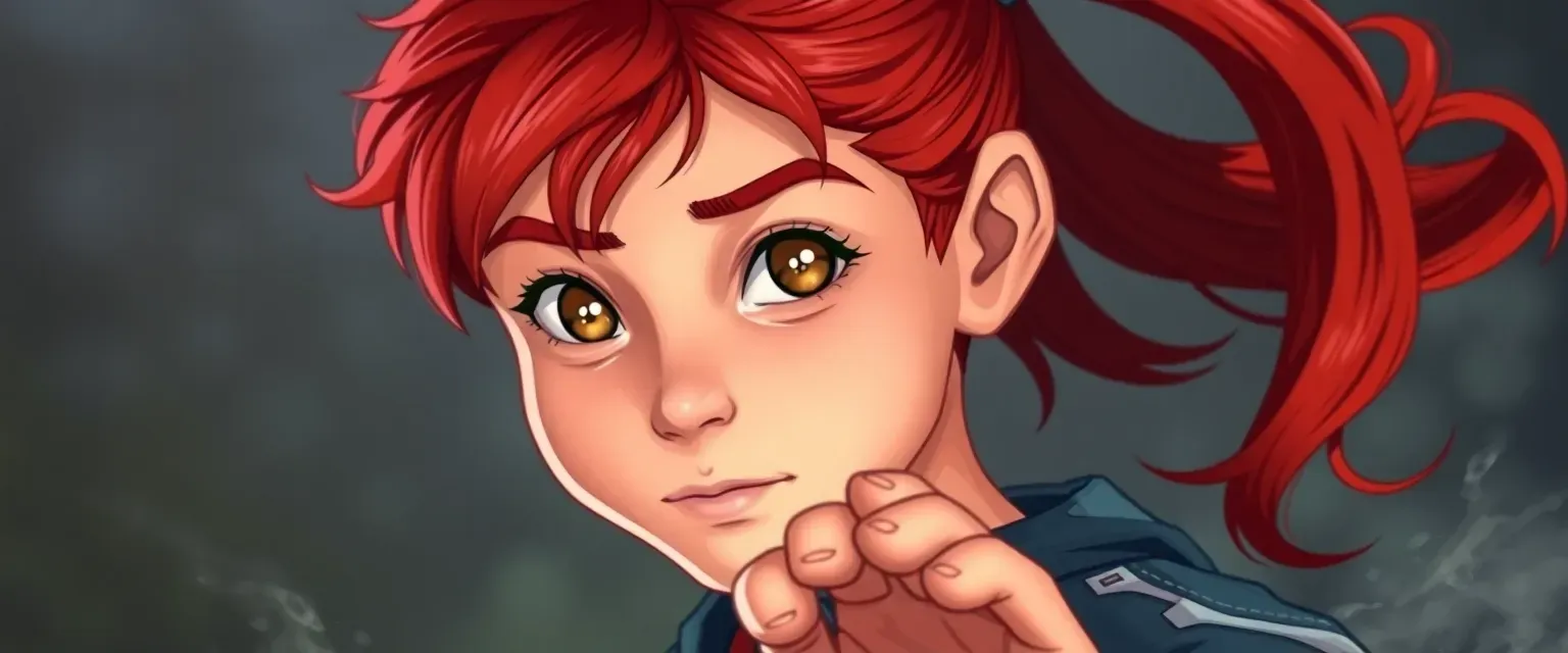 14-year-old boy with long red ponytail, amber eyes, playful, drumming bare feet.