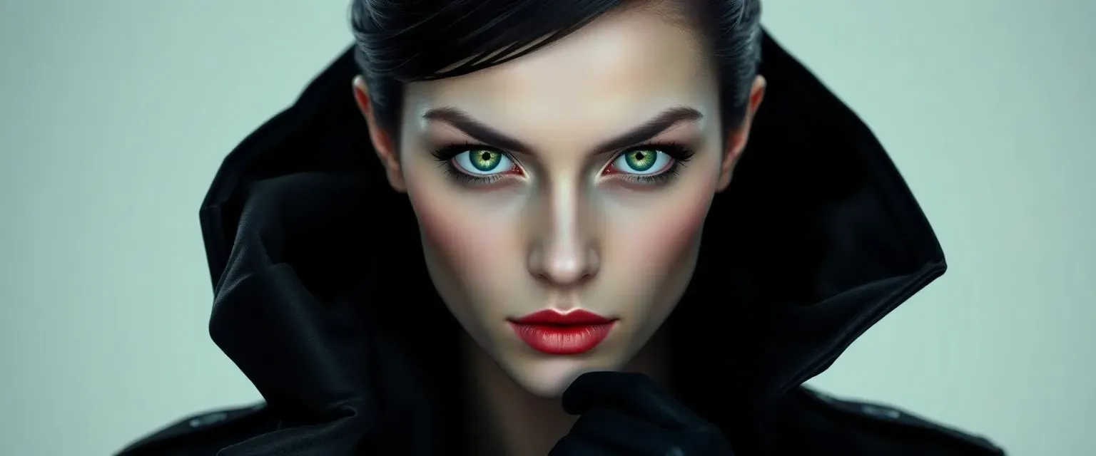 Pallid skin, piercing green eyes, slicked-back black hair, wearing a dark trench coat and gloves.