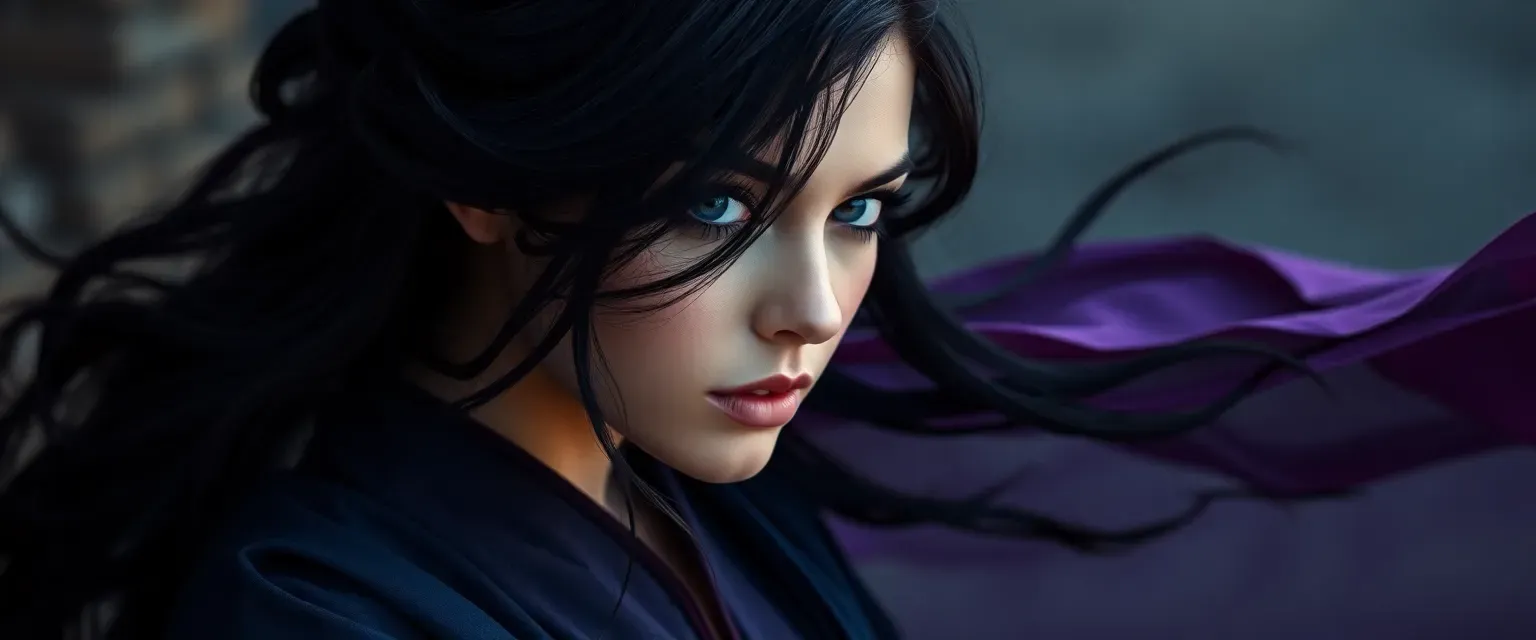 Mid-twenties woman with cascading black hair, violet eyes, wearing flowing robes in dark blues and purples.