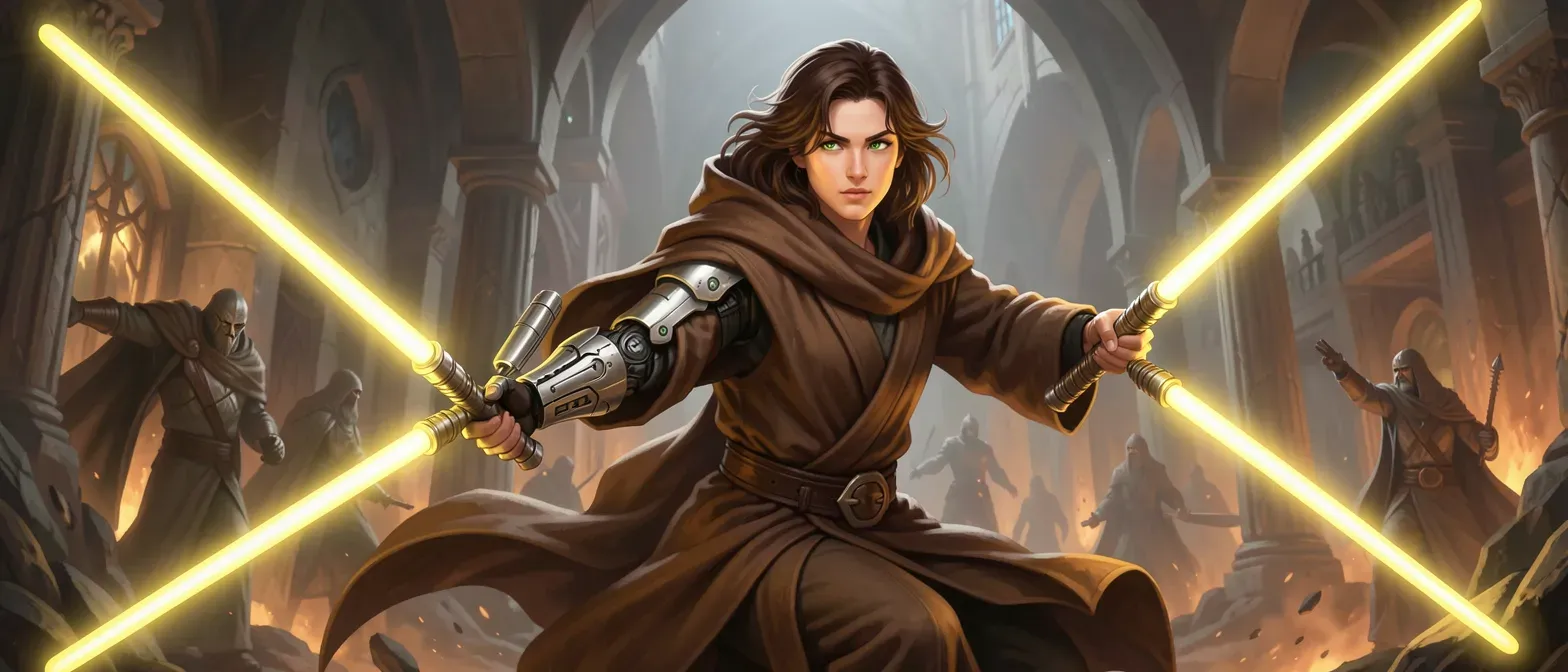 20-year-old Corellian Jedi with cybernetic left arm, brown hair, green eyes, brown robes, wielding two yellow lightsabers.
