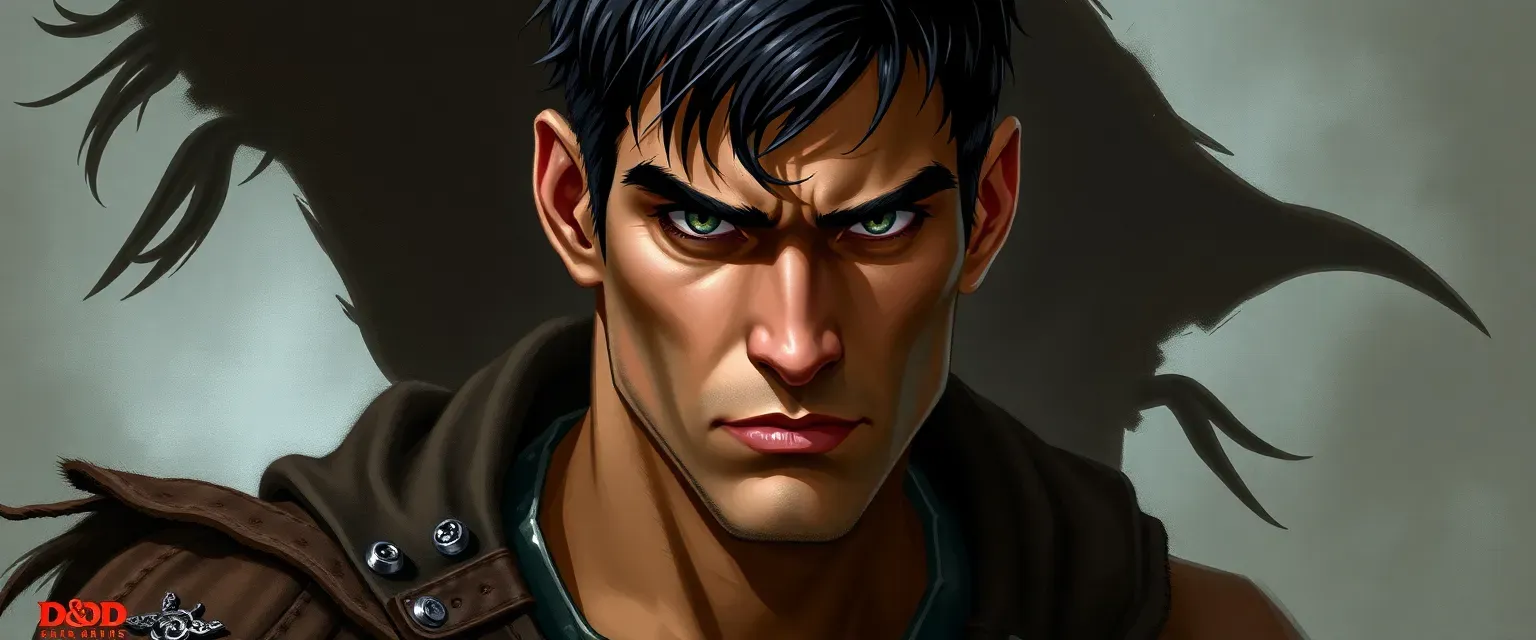 Tall, muscular man with short dark hair and gray eyes, wearing scavenged leathers and metals.