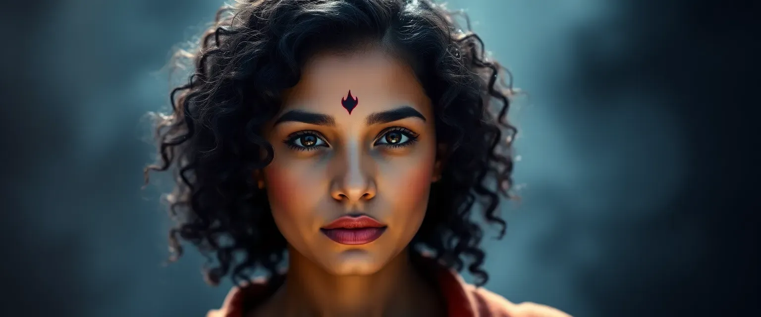 24-year-old woman with curly black hair, mixed-race features, small birthmark on forehead, 5'4", radiating a fiery aura.