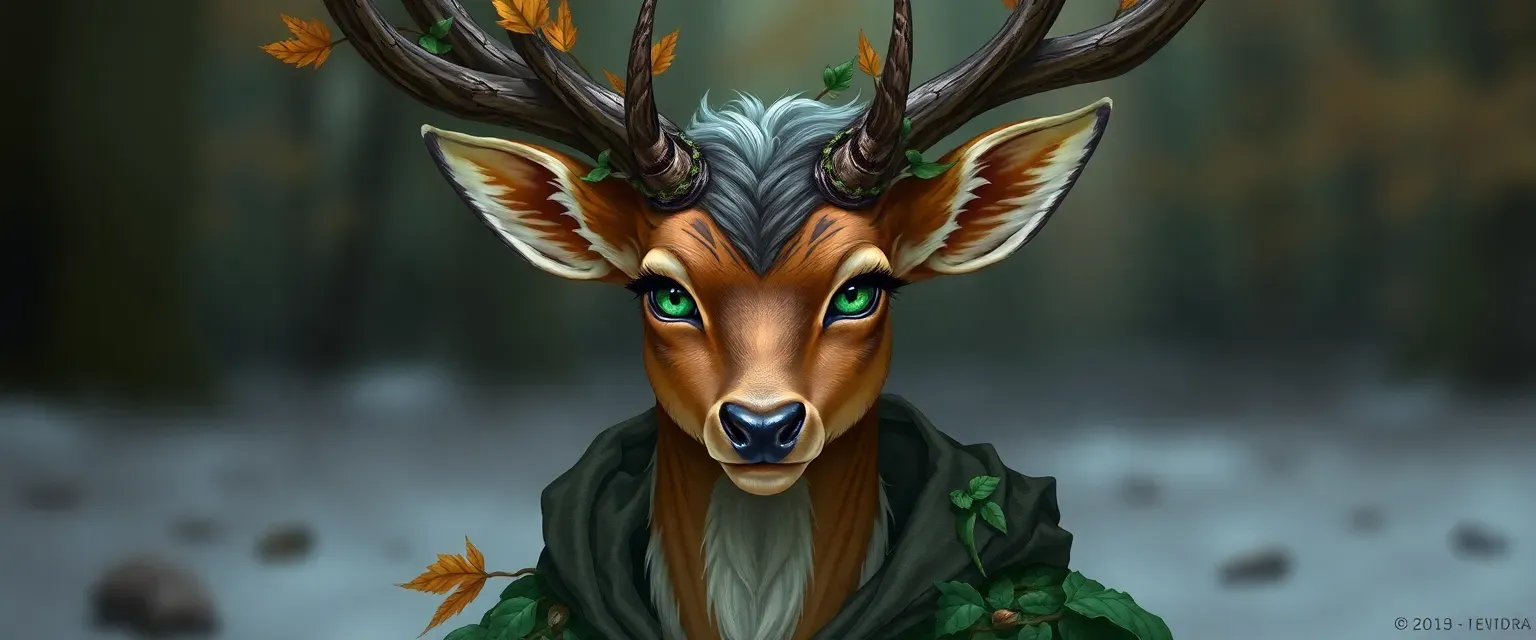 Non-binary deer person with autumnal fur, emerald eyes, mossy antlers, wearing a robe of leaves and vines.