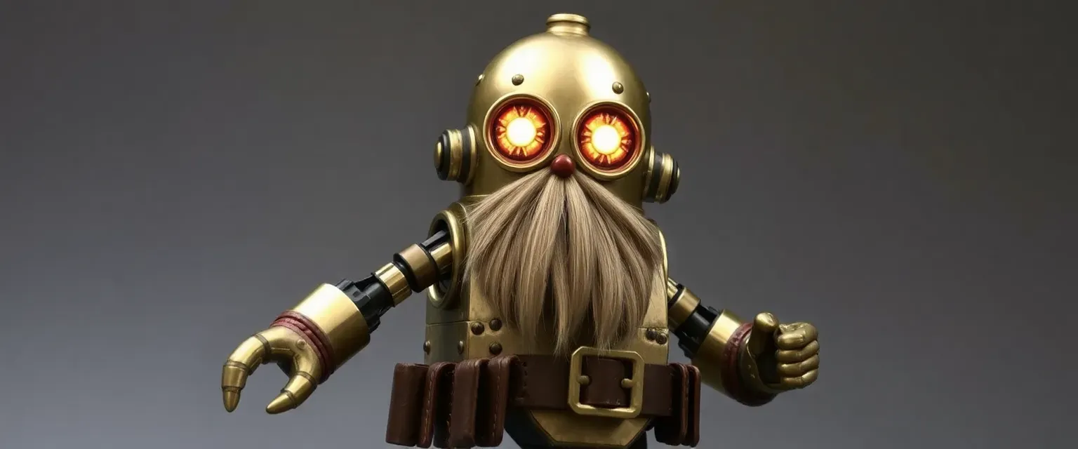 A small, two-foot-tall gnome robot made of brass and copper, with glowing eyes and a leather tool belt.