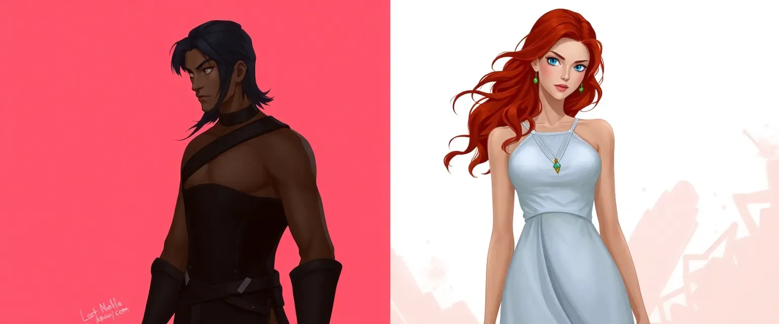 Kirean: Tall, lean, black hair, blue eyes, tanned, dark leather. Laella: Tall, slender, red wavy hair, blue eyes, white dress.