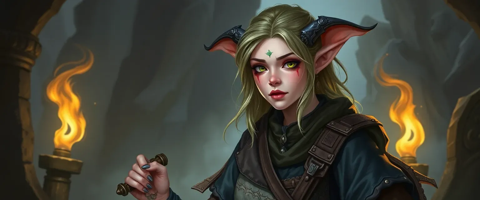 24-year-old changeling with shifting hair colors, wearing patchwork robes and leathers, carrying tools and surrounded by magical artifacts.
