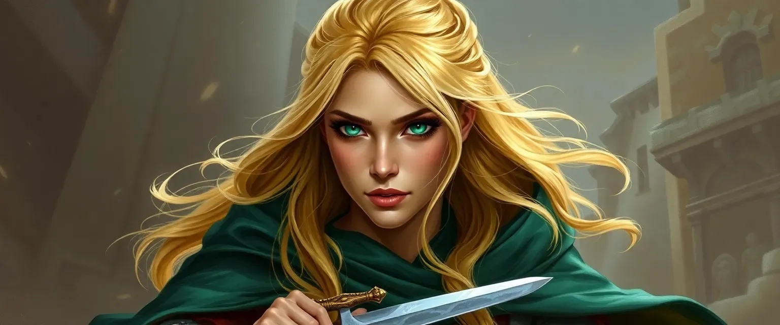 28-year-old Eladrin woman with golden hair, emerald eyes, wearing a color-shifting cloak and carrying concealed daggers.