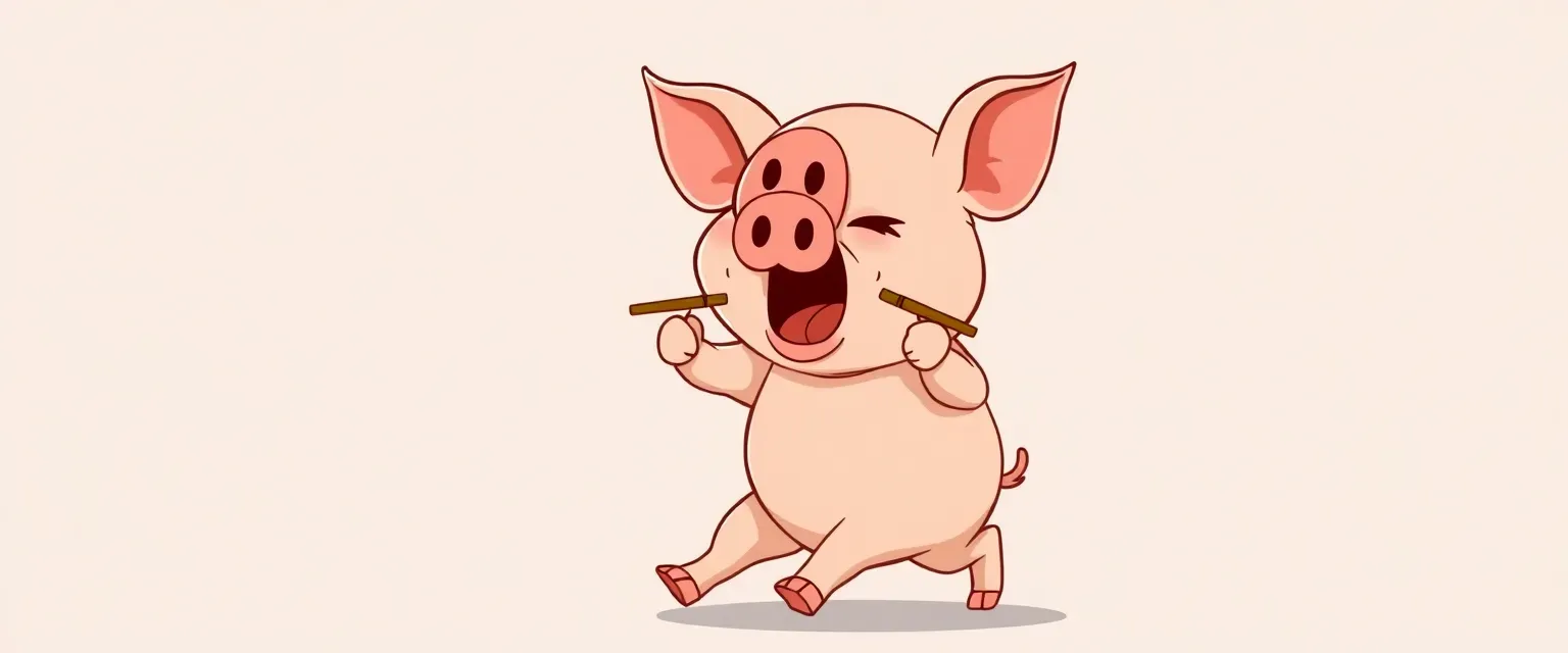 Young cartoon pig with chopsticks in all four trotters, walking and screaming with determination.