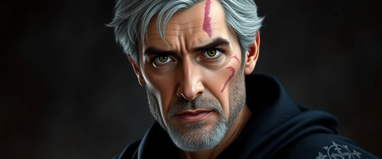 Late thirties man with gray-streaked hair, hazel eyes, scar on left cheek, wearing a dark robe with arcane symbols.