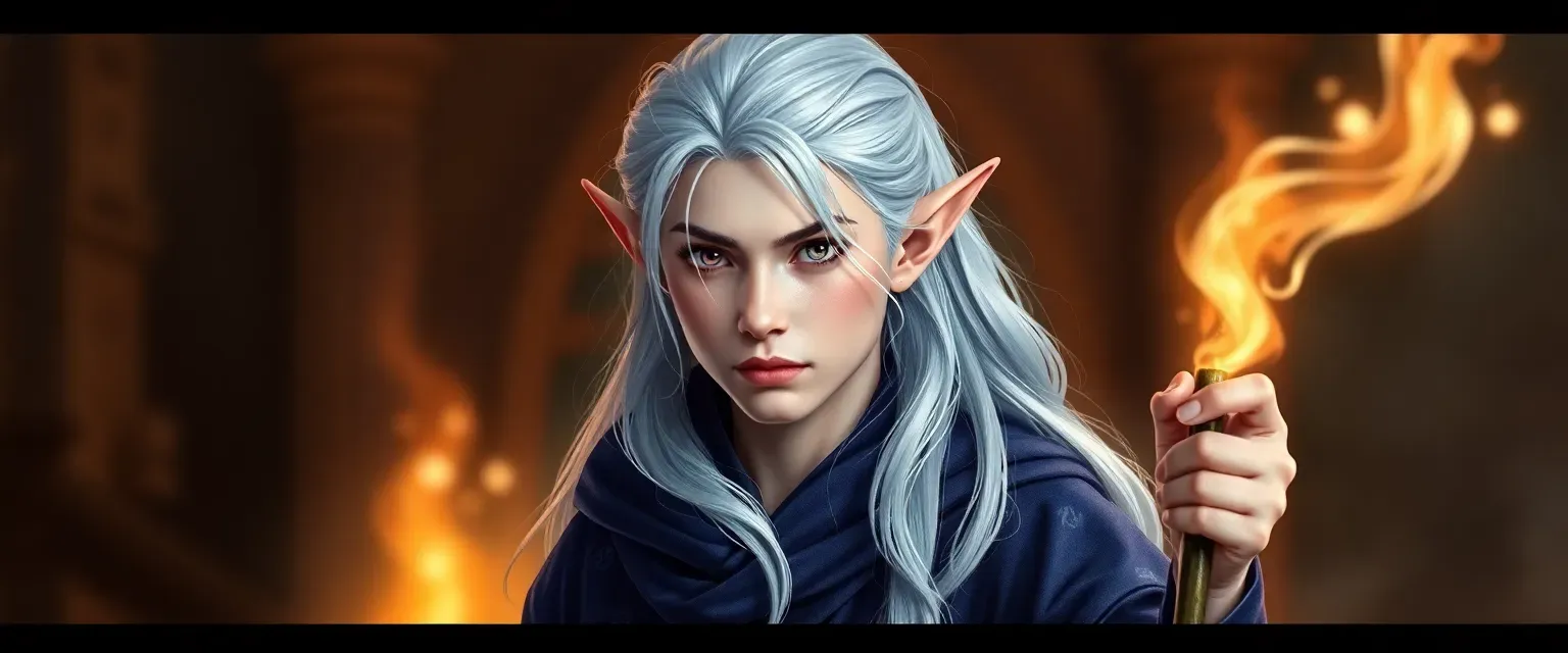 27-year-old elf wizard with silver hair and violet eyes, wearing midnight blue robes with silver runes.