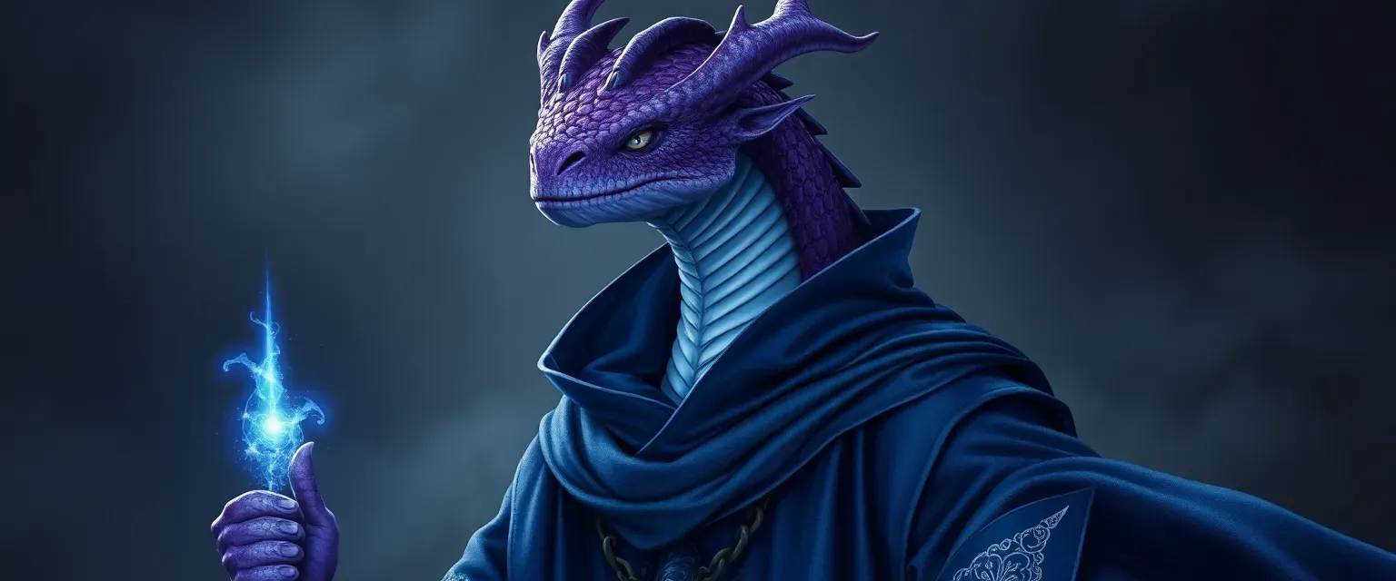 Tall Dragonborn sorcerer with violet scales, opalescent eyes, wearing midnight blue robes with silver embroidery.