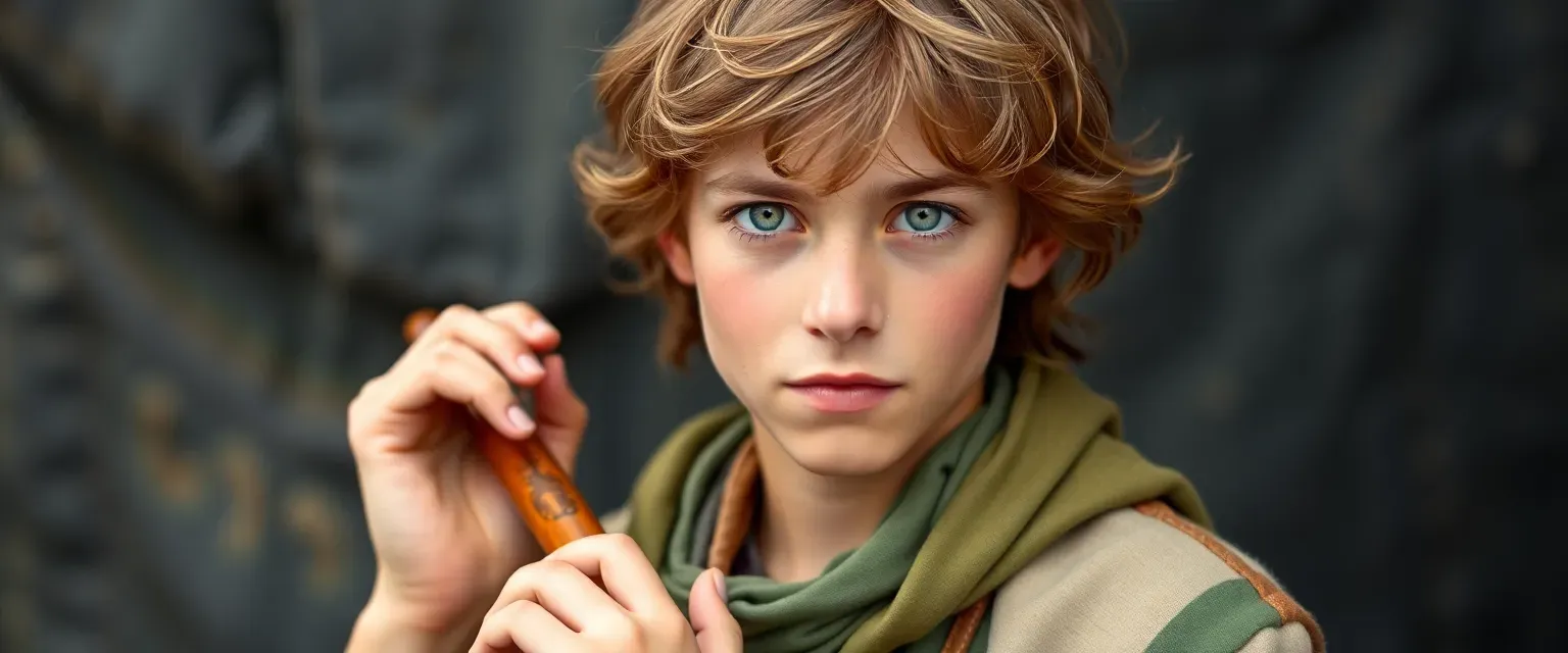 Young man with green eyes, chestnut hair, wearing patchwork greens and browns, carrying a wooden flute.