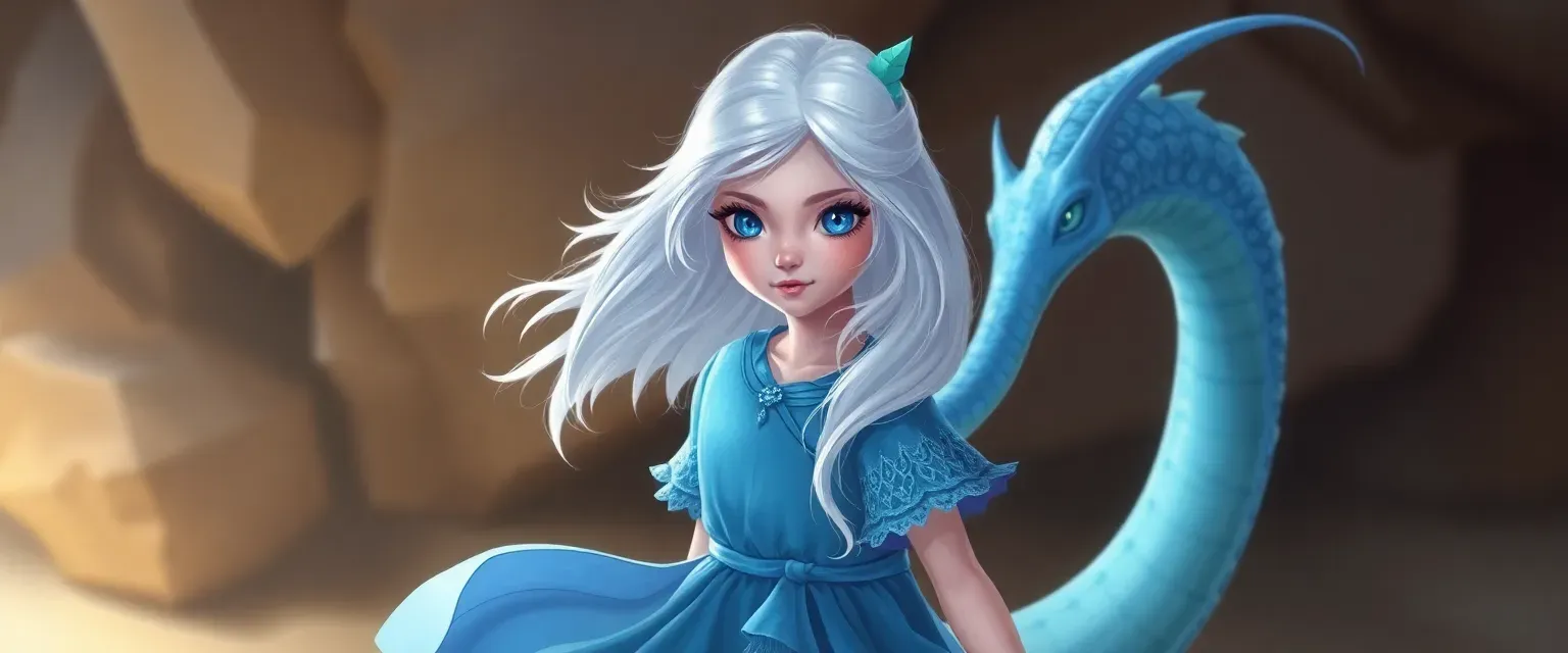 7-year-old girl with white hair and blue eyes, hybrid of human and blue water dragon, wearing a flowing blue dress.