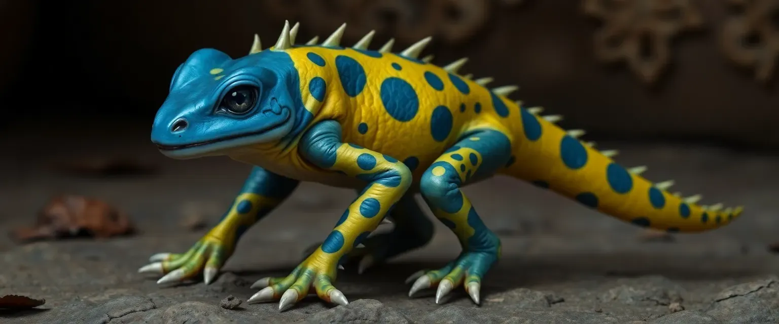 Blue to yellow skin with poison dart frog patterns, black eyes, pangolin tail, wolf legs, enlarged arm with claws, snapped bones as weapons.
