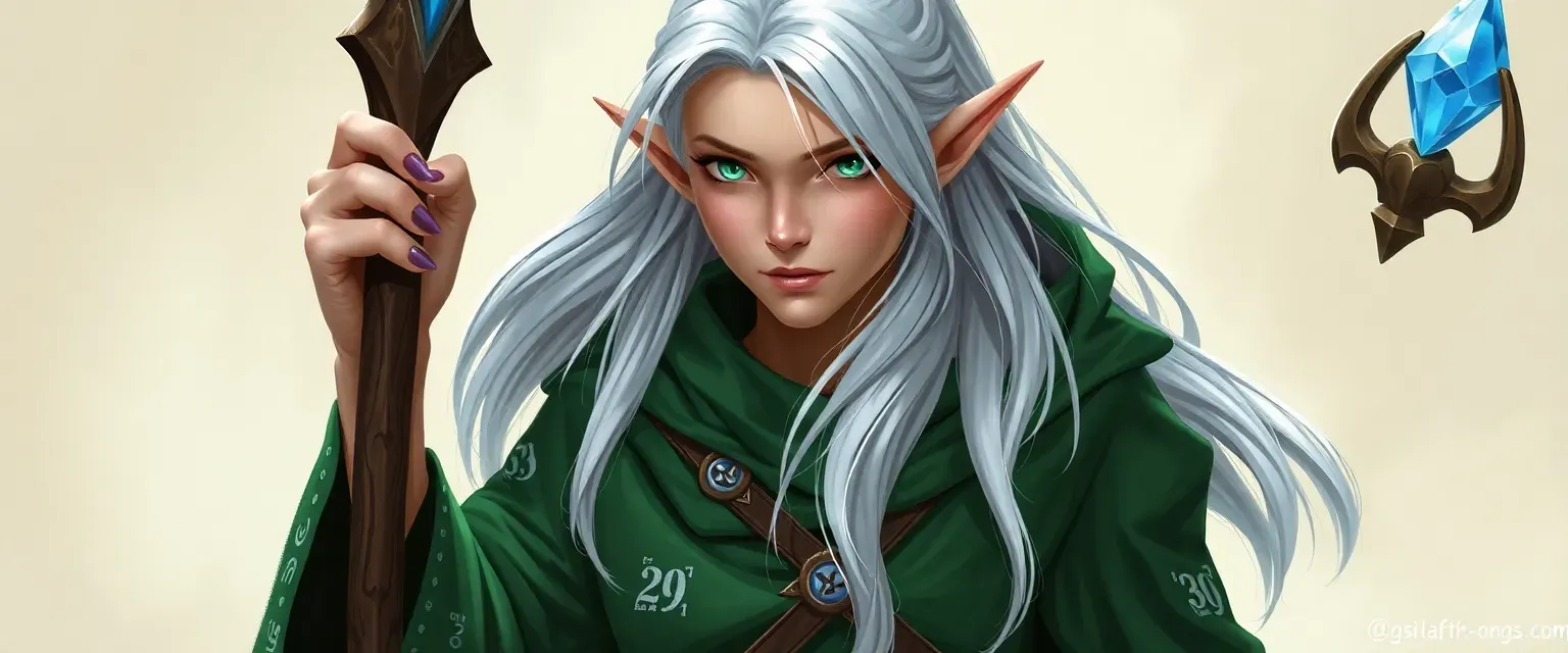 27-year-old elf wizard, slender, green robes with silver runes, long silver hair, emerald eyes, carrying a heartwood staff with a blue crystal.