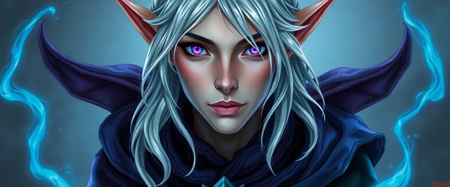 Elf with silver hair and violet eyes, wearing mood-shifting robes, exuding wisdom and arcane power.