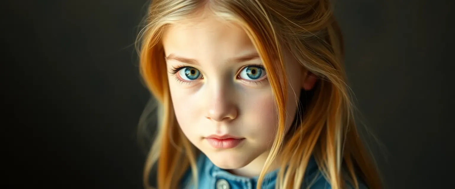8-year-old girl with long blonde hair, deep blue eyes, freckles, petite, mature-looking face, in blue jeans and T-shirt or school uniform.