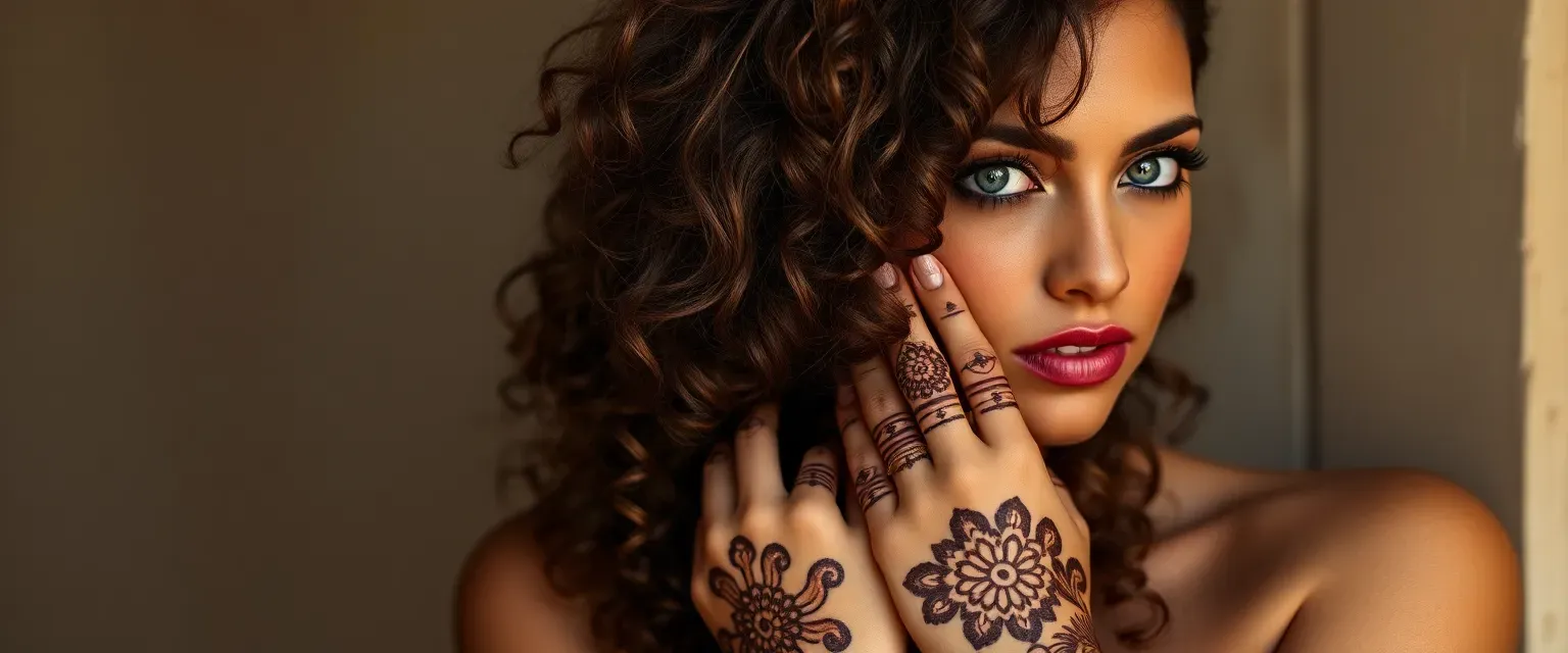 25-year-old Brazilian-Moroccan woman, tanned skin, slim, long curly caramel hair, blue eyes, henna hands, kohl eyes.
