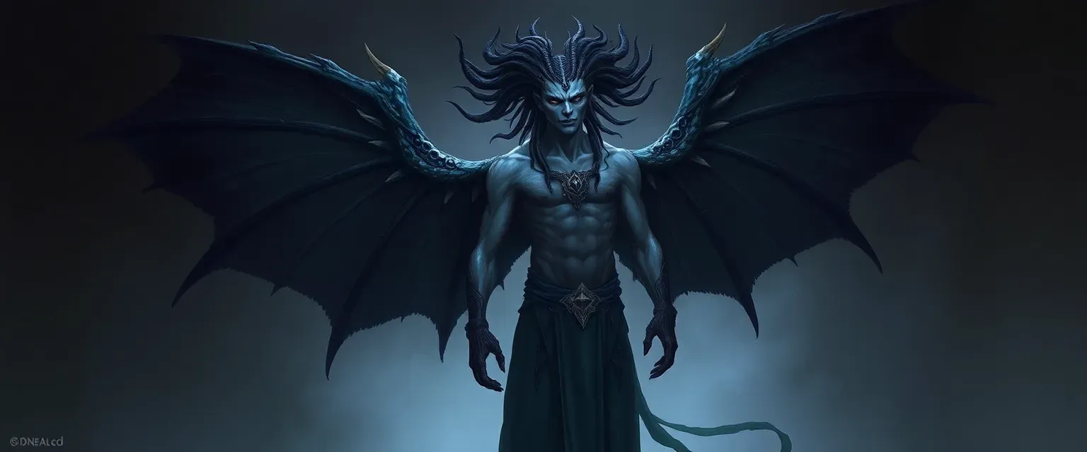 Tall, imposing figure with twilight and granite skin, vast dark wings, and obsidian cornrows.