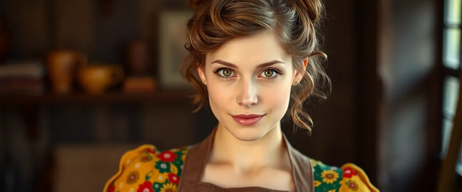 Late 20s woman with curly brown hair in a bun, warm hazel eyes, wearing a vintage apron over colorful dresses.