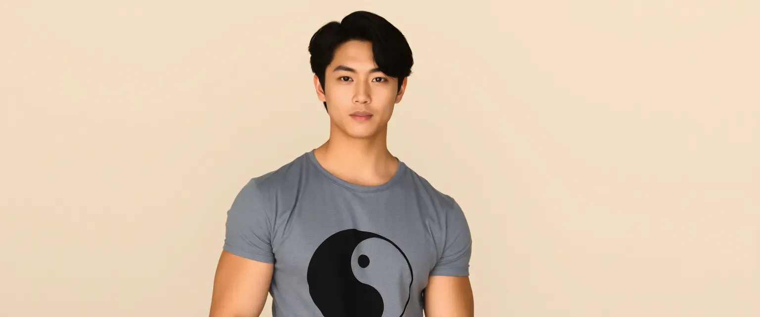 22-year-old Michael Kim, muscular yet lean, with long black hair, catlike dark-brown eyes, tan complexion, wearing a yin-yang shirt and jeans.