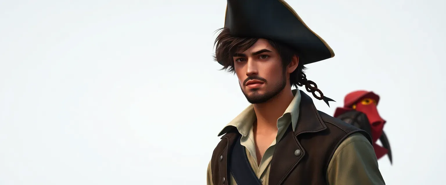 22-year-old pirate with short, unruly dark brown hair, clean-shaven, wearing a white shirt, leather jacket, breeches, and a pirate hat.