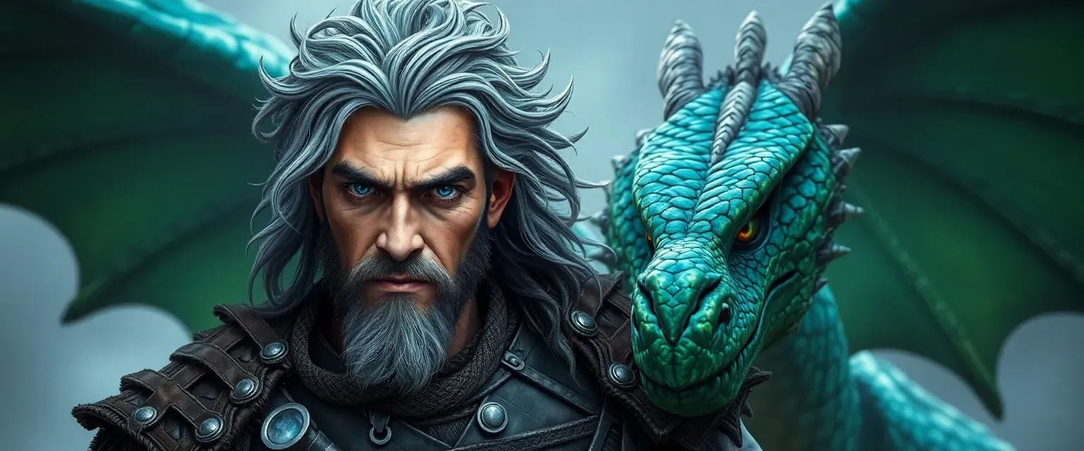 Ар: Rugged warrior, gray-streaked hair, blue eyes, scarred face, leather and metal armor. Жодит: Majestic dragon, emerald scales, vast wings, amber eyes.