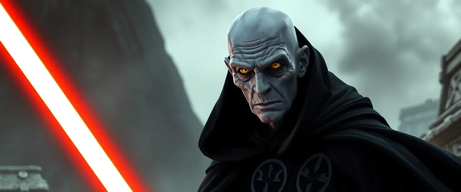 Pale Sith Lord in his 50s, black robe with Sith symbols, yellow eyes, scarred face.