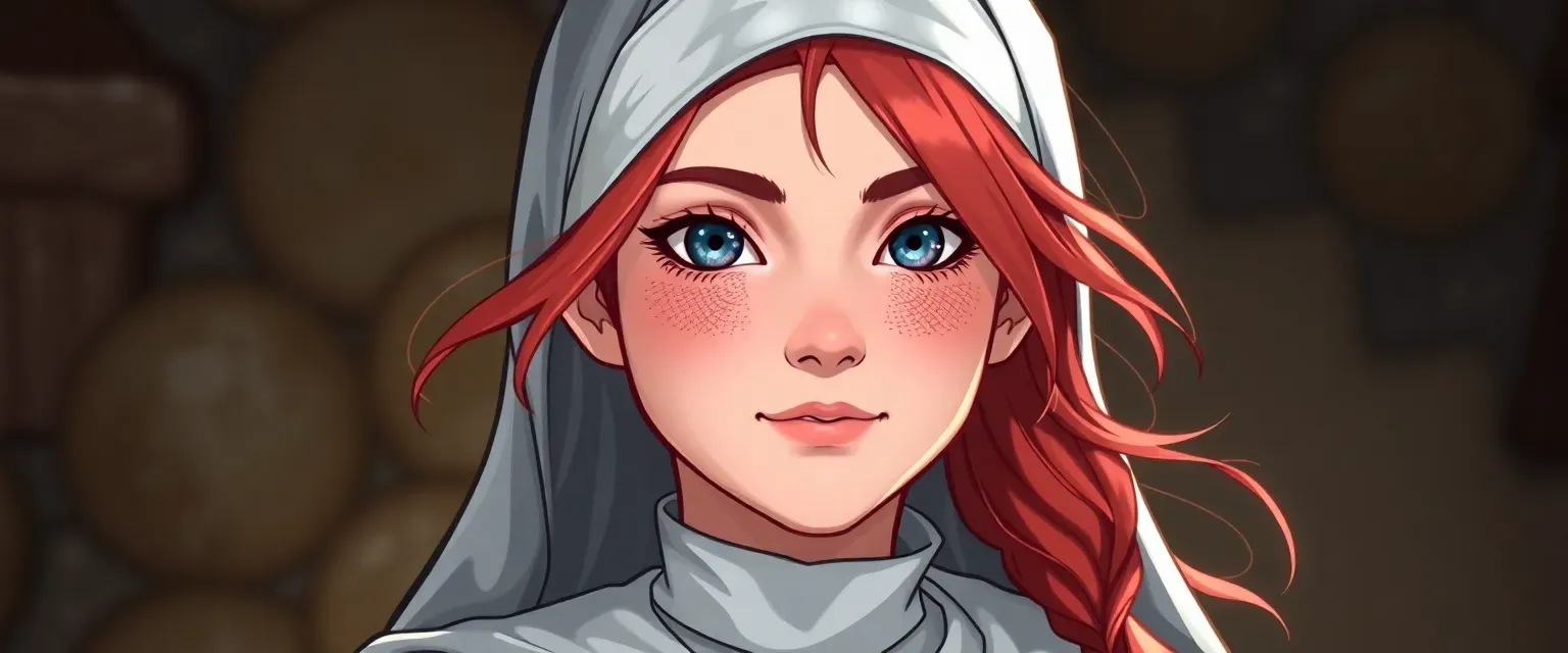 Teenage girl with red hair and pink highlights, wearing nun clothing, kind and bright.