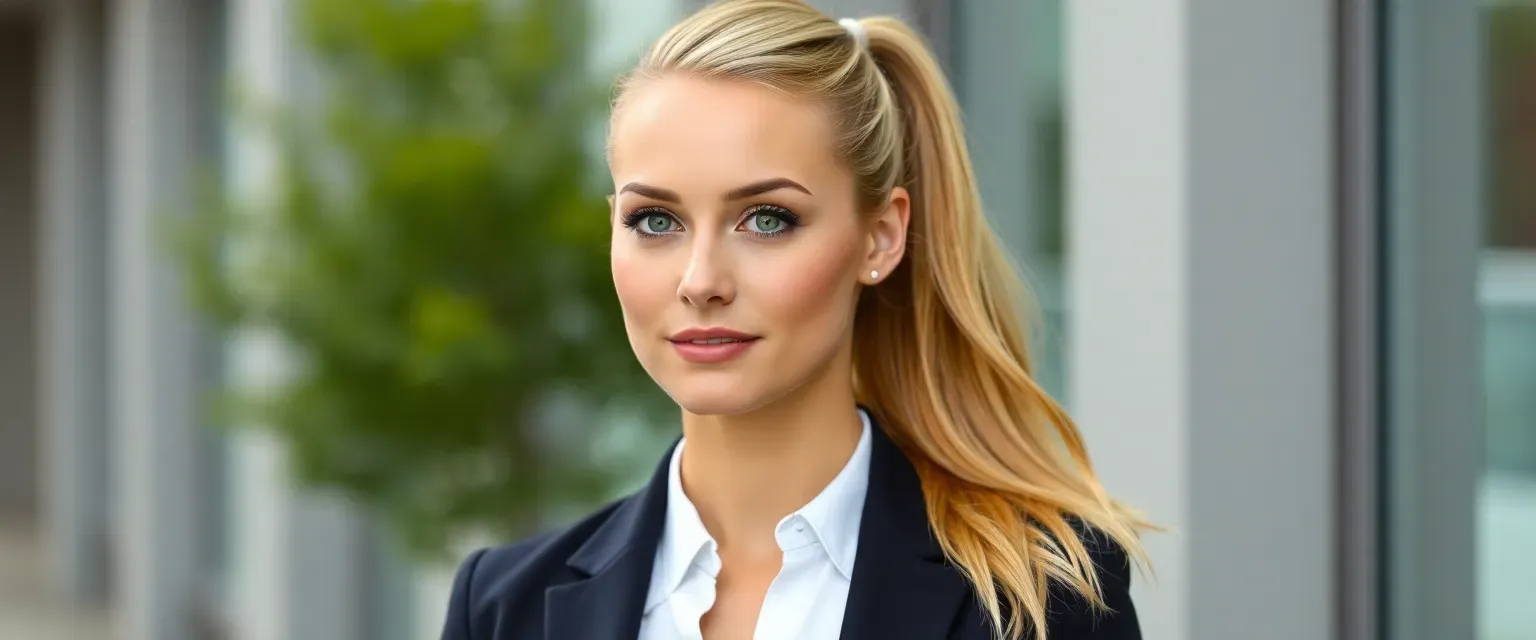 Tall, athletic 28-year-old woman with honey blonde hair in a ponytail, sharp cheekbones, and piercing green eyes, dressed professionally.