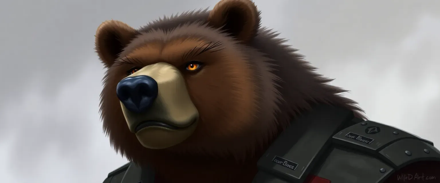Tall, muscular bear with short brown and gray fur, amber eyes, wearing a decorated air force uniform.