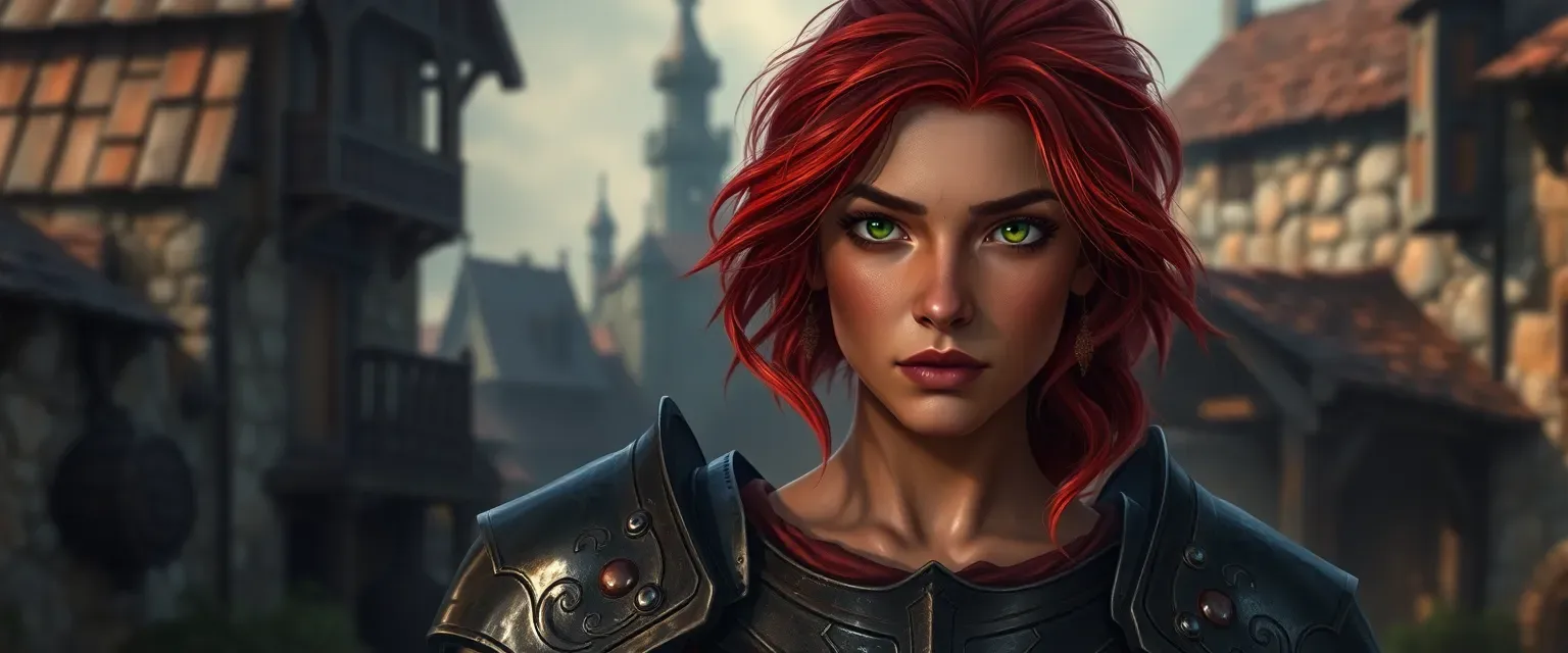 Young woman with dark skin, red hair, green eyes, wearing half plate armor in a shadowed village.