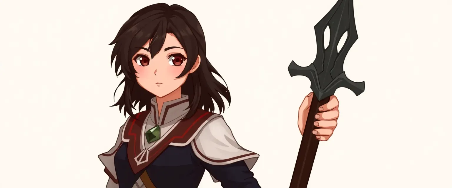 15-year-old Miyo, 4'4", dark hair, brown eyes, Demon Slayer uniform with a stone pendant.