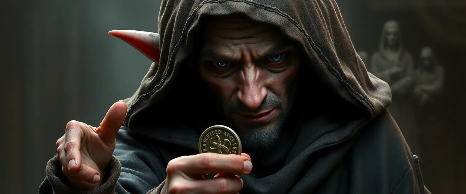 63-year-old tiefling rogue with piercing red eyes, wearing a worn hooded cloak, twirling a coin.