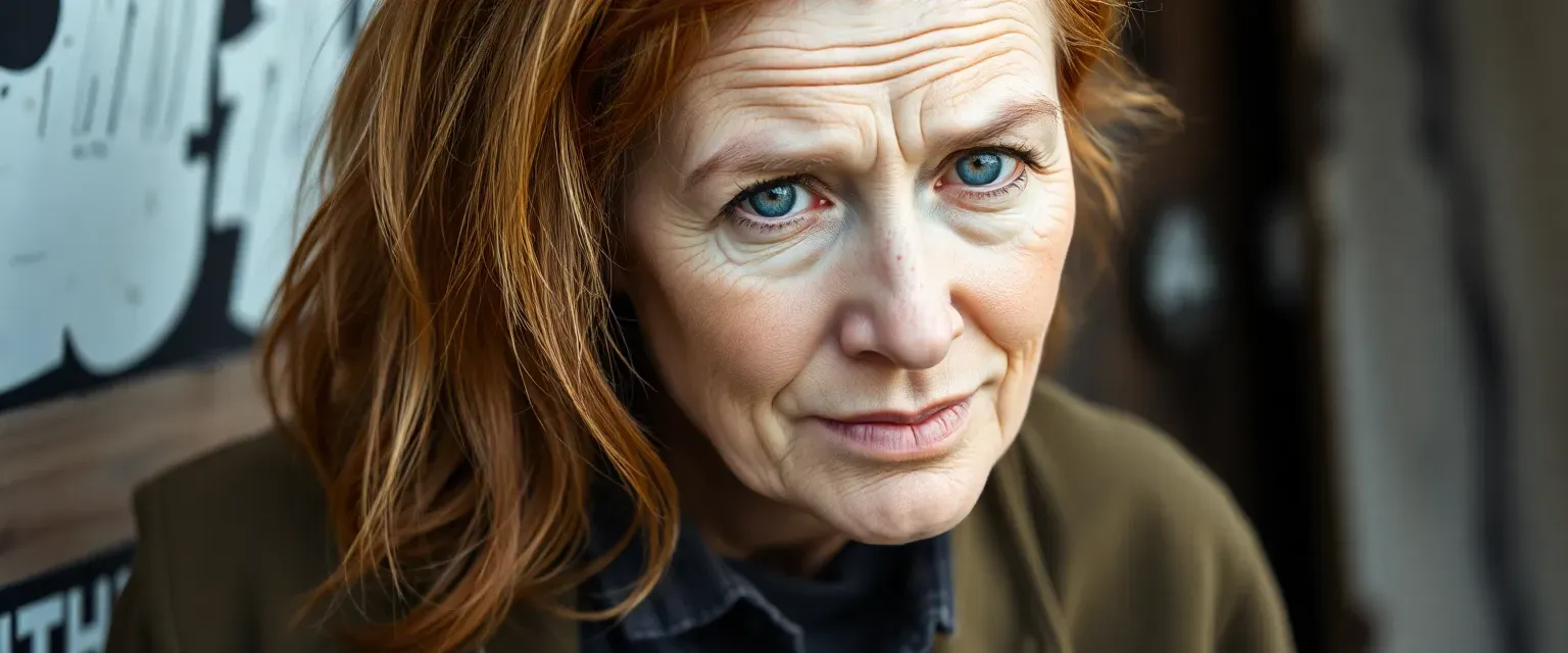 A weathered woman in her 40s with faded copper hair, wearing practical, durable clothing with patches.