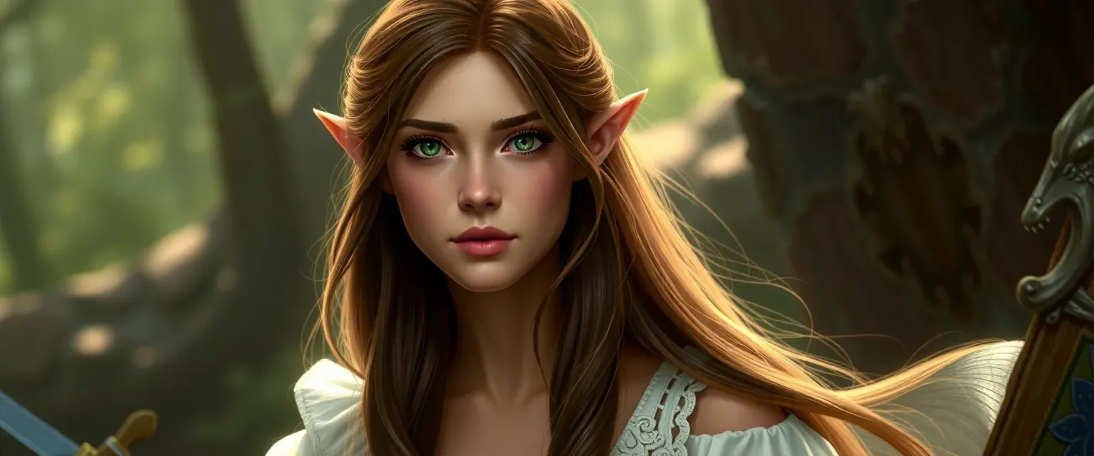 Half-elf princess, 25, with long brown hair and green eyes, wearing a white dress.