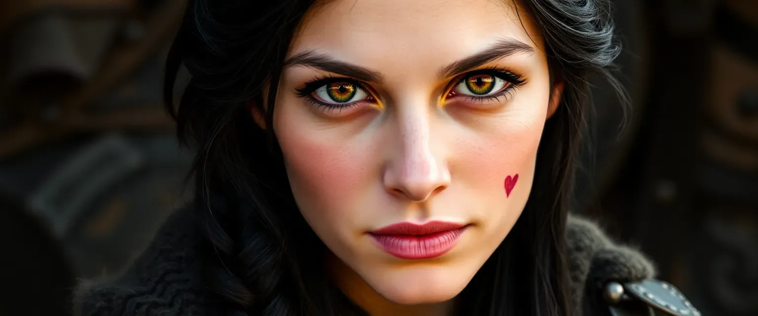 27-year-old woman with striking face, piercing amber eyes, raven hair in a braid, heart-shaped birthmark, wearing rugged wool and leather.