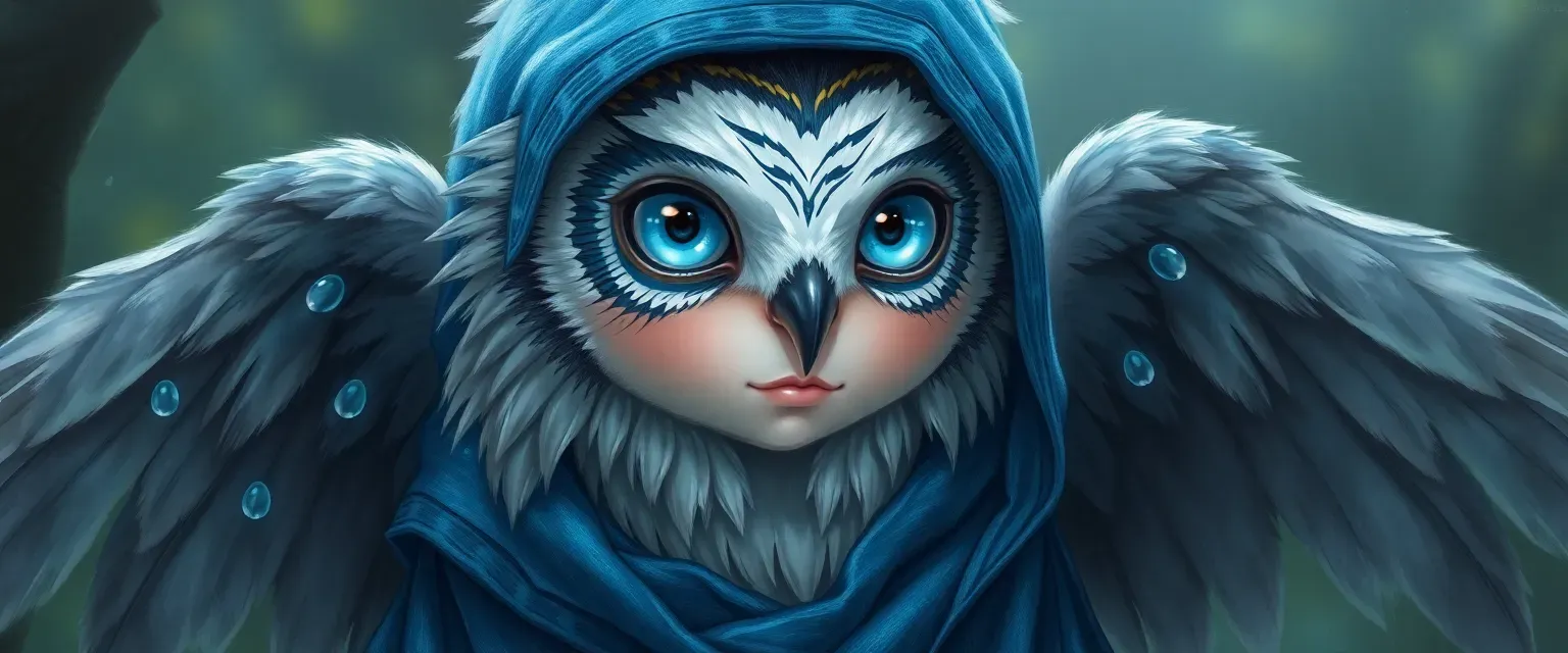 22-year-old water owl girl, blue robe, azure eyes, gray feathers with water droplets, delicate wings.